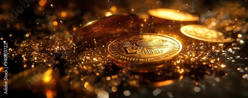 A close-up of shining golden coins scattered on a surface, creating a vibrant and rich atmosphere, perfect for financial themes.