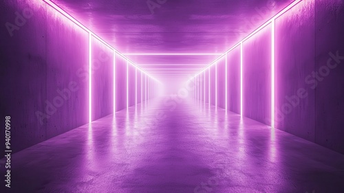 A vibrant purple neon hallway creates a mysterious and futuristic ambiance  perfect for modern design and creative projects.
