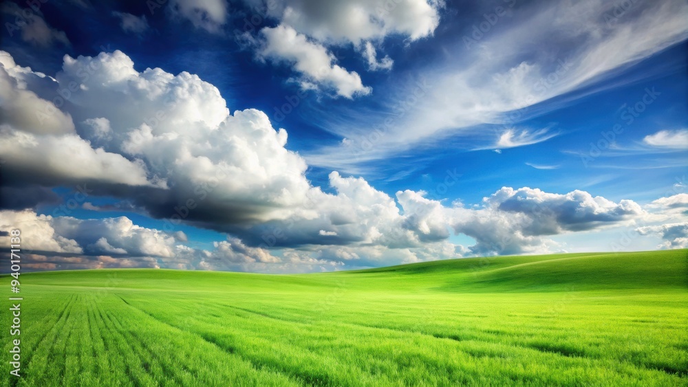 Fototapeta premium Green grass field under blue skies with rolling clouds, nature, grass, field, green, blue skies, clouds, landscape