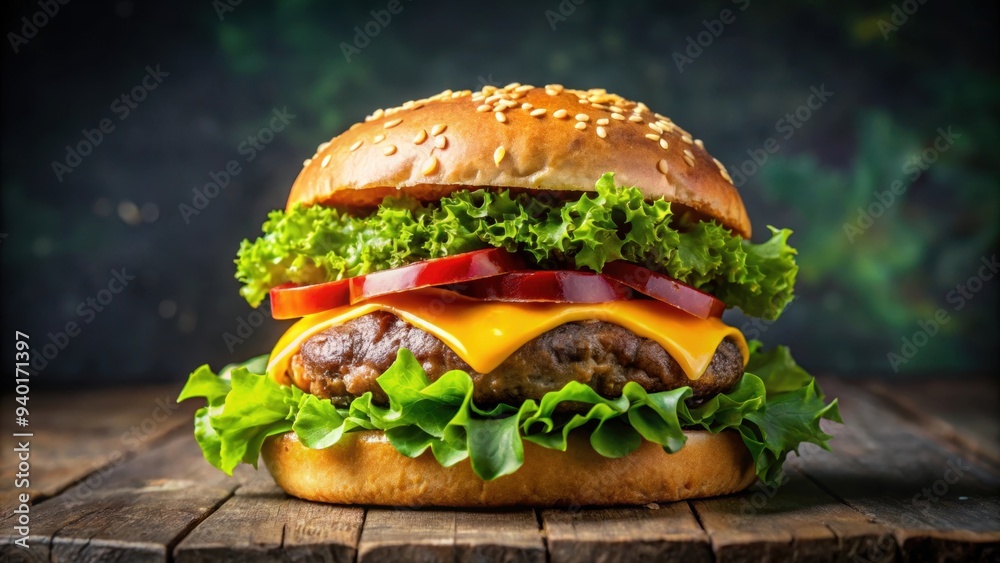 Close up shot of a mouthwatering burger with juicy patty, melted cheese, fresh lettuce, and toppings, burger, close up Close up shot of a mouthwatering burger with juicy patty, melted cheese, fresh lettuce, and toppings, burger, close up
