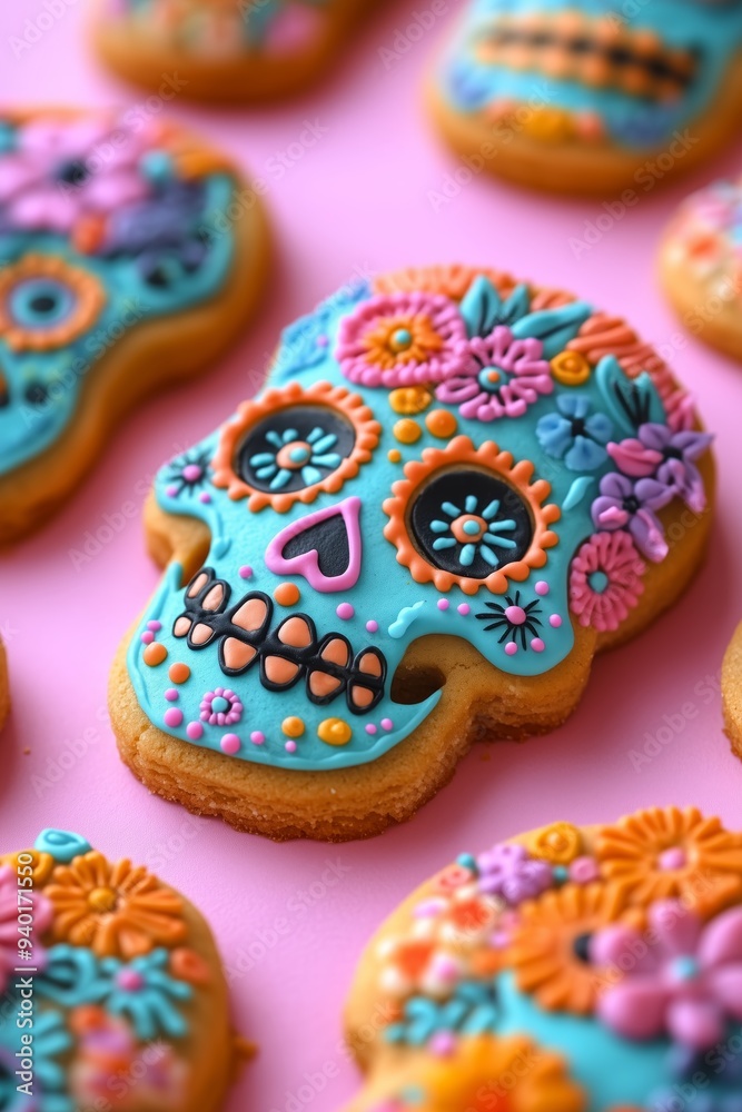 A photo of sugar skull shaped cookies decorated with colorful flowers, dia de los muertos theme, on a pink background A photo of sugar skull shaped cookies decorated with colorful flowers, dia de los muertos theme, on a pink background