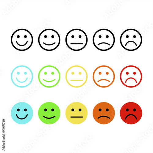 Smile happy unhappy face icon. Emotion feedback vector concept. Rank, level of satisfaction rating. Excellent, good, normal, bad, very bad. Icon set illustration