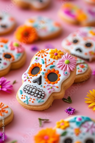 A photo of sugar skull shaped cookies decorated with colorful flowers, dia de los muertos theme, on a pink background