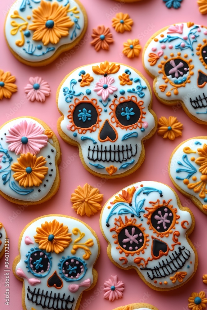 A photo of sugar skull shaped cookies decorated with colorful flowers, dia de los muertos theme, on a pink background