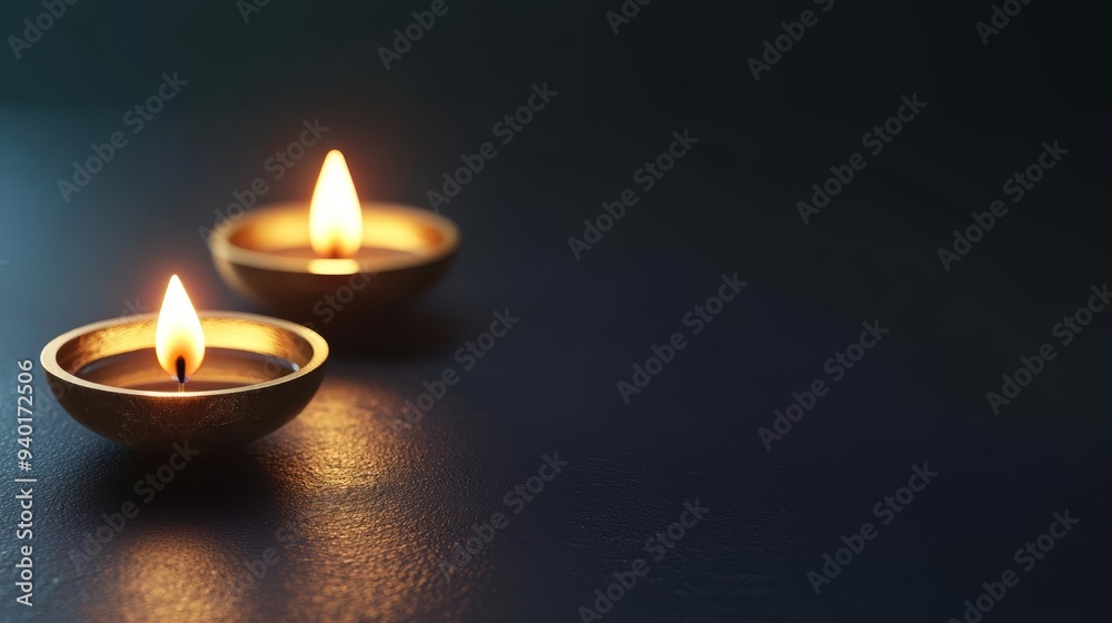 Golden oil lamps, illuminating dark background, 3D illustration
