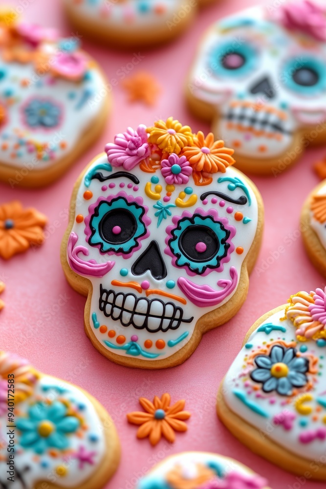 A photo of sugar skull shaped cookies decorated with colorful flowers, dia de los muertos theme, on a pink background A photo of sugar skull shaped cookies decorated with colorful flowers, dia de los muertos theme, on a pink background
