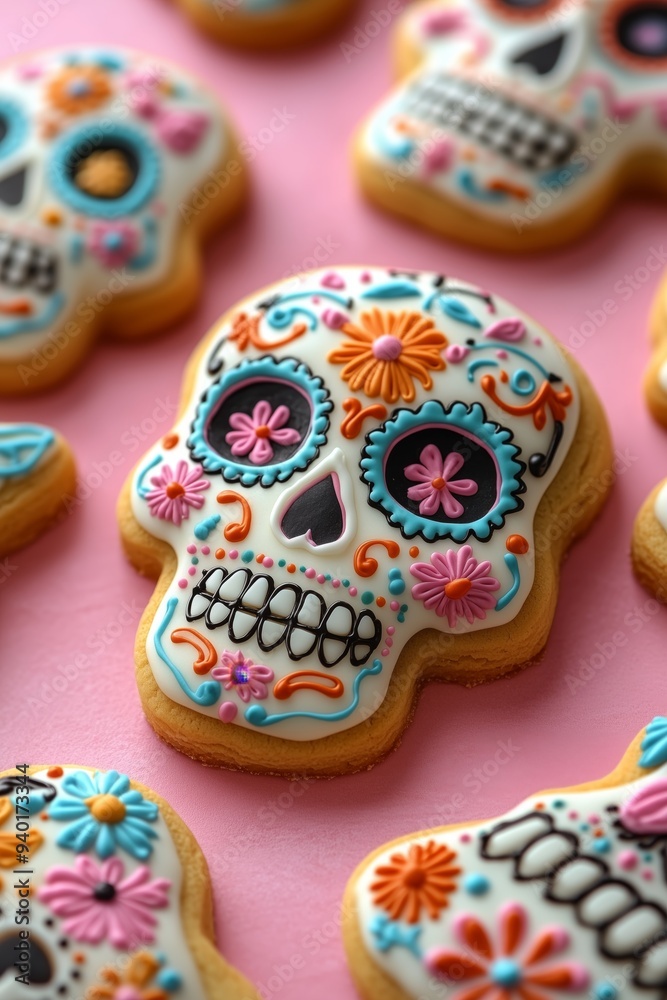 A photo of sugar skull shaped cookies decorated with colorful flowers, dia de los muertos theme, on a pink background A photo of sugar skull shaped cookies decorated with colorful flowers, dia de los muertos theme, on a pink background