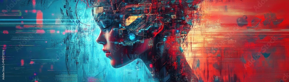 Obraz premium A futuristic portrayal of a humanoid figure with a digital and abstract aesthetic, blending technology and art in vivid colors.