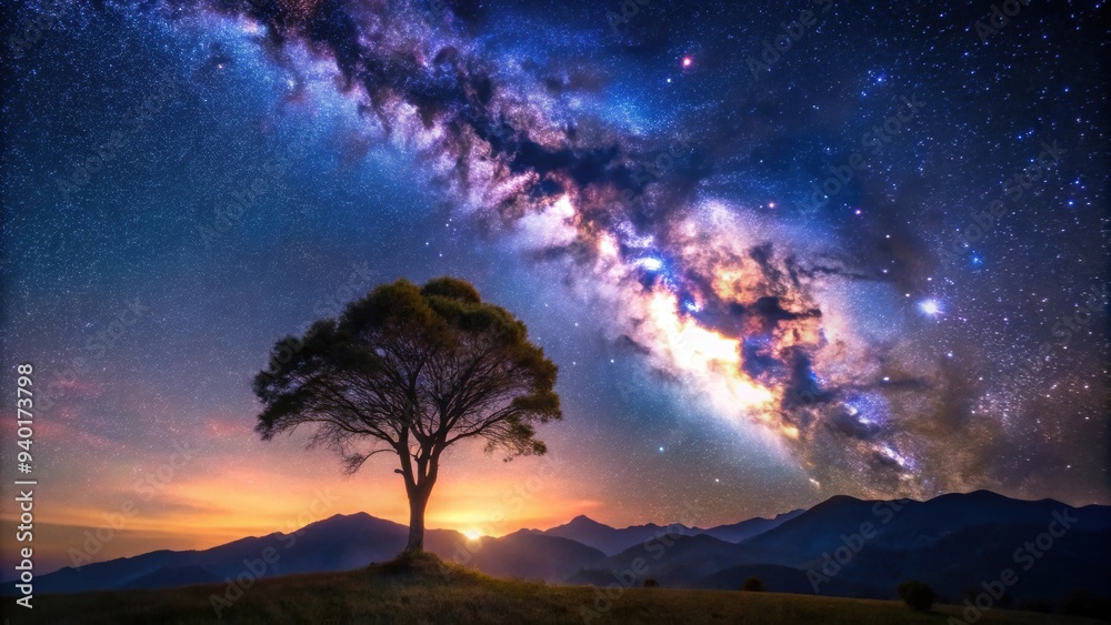 Fototapeta premium Core of the Milky Way and nebula shining brightly over a tranquil tree and mountain landscape, Milky Way, core, nebula