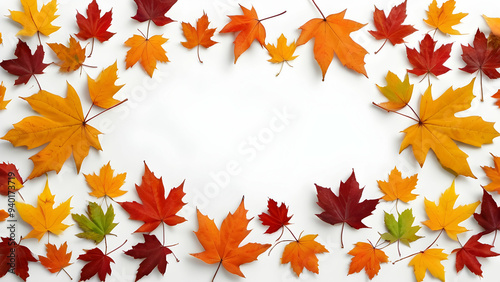 Colored maple leaves frame isolated on a white background. Beautiful autumn background with copy space