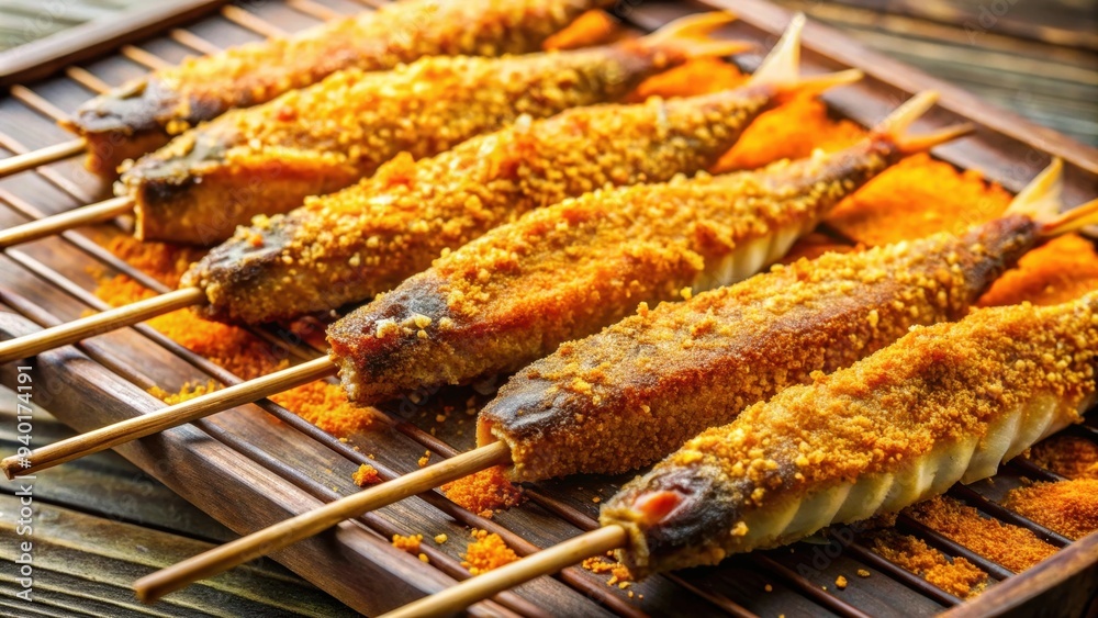 Close-up of delicious barbecue stick fish sate with a crispy golden flour coating , asian cuisine, flavorful