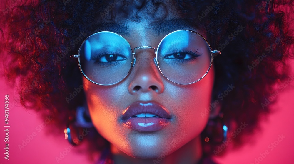 Close-up Portrait of a Young Woman with Afro Hair and Round Glasses Close-up Portrait of a Young Woman with Afro Hair and Round Glasses