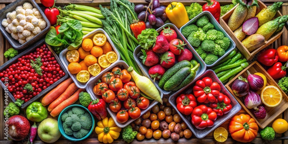 High quality HD image of assorted fresh fruits and vegetables on different trays, showcasing details and textures, fruit
