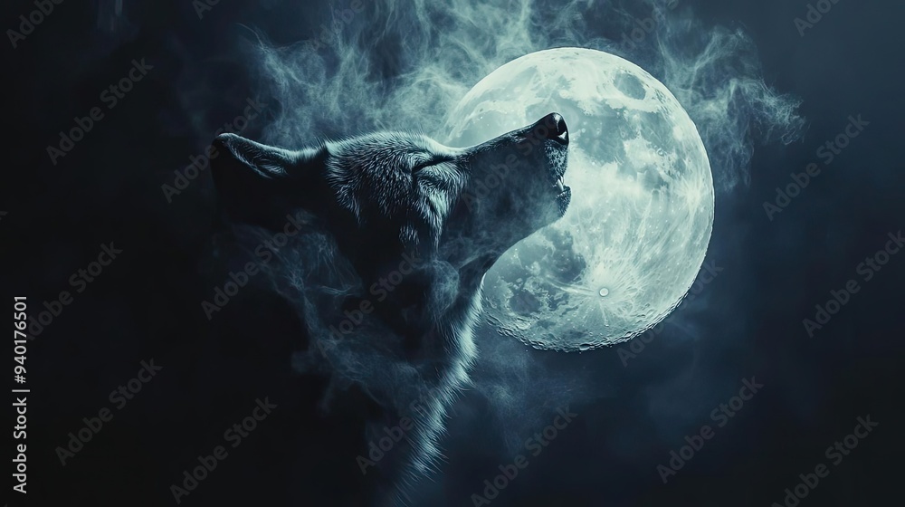 Obraz premium A majestic wolf howling at a bright full moon, surrounded by mist and darkness, capturing the essence of nature's wild beauty.