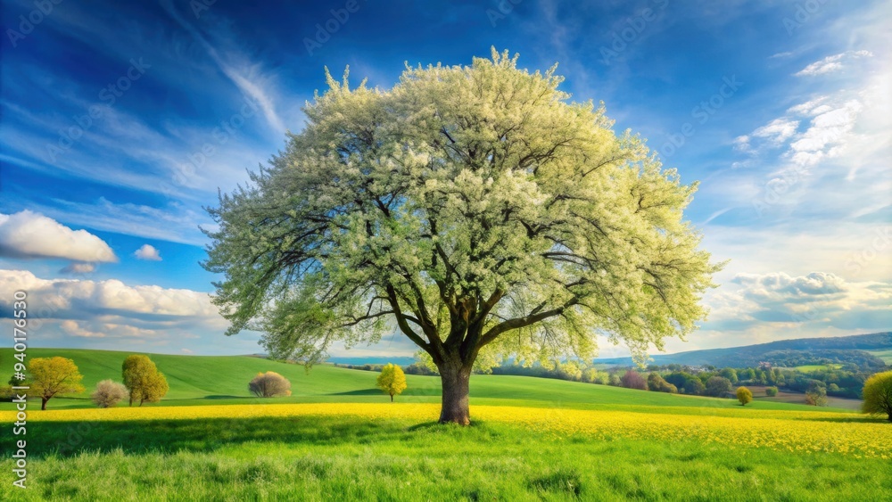 Fototapeta premium Lush green tree in full bloom in a vibrant spring landscape, renewal, nature, fresh, vibrant, bloom, growth, season