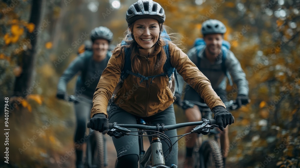 Group of friends riding mountainbikes in a autumn day un the park Group of friends riding mountainbikes in a autumn day un the park