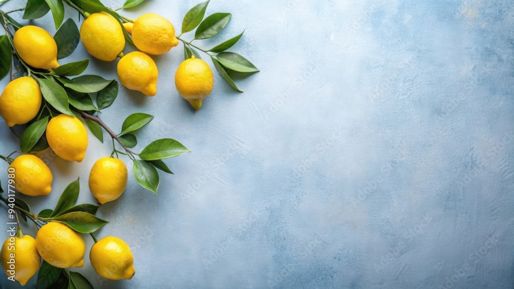 of a branch of lemons in blue and yellow colors on a light background, lemons, branch,blue, yellow, colors, citrus, fresh of a branch of lemons in blue and yellow colors on a light background, lemons, branch,blue, yellow, colors, citrus, fresh