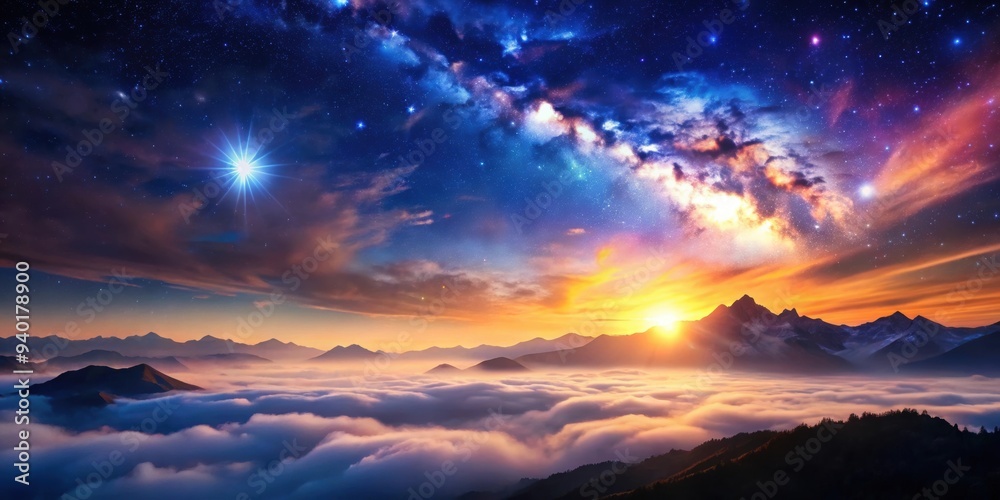 Majestic celestial landscape with vibrant clouds, shining stars, and misty mountains , celestial, landscape Majestic celestial landscape with vibrant clouds, shining stars, and misty mountains , celestial, landscape