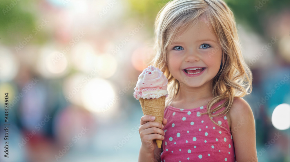 A young blond pre-teen girl smiling while she holds an ice cream cone with strawberry icecream. Polka dot dress. Copy space. A young blond pre-teen girl smiling while she holds an ice cream cone with strawberry icecream. Polka dot dress. Copy space.