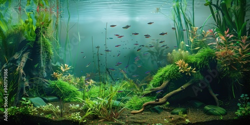 Aquarium with Cloudy Water from Bacterial Growth Beautiful Freshwater Aquascape Showcasing Live Flora, Frodo Stones, Redmoor Roots Covered in Java Moss, Alongside a School of Blue Neon Tetras photo