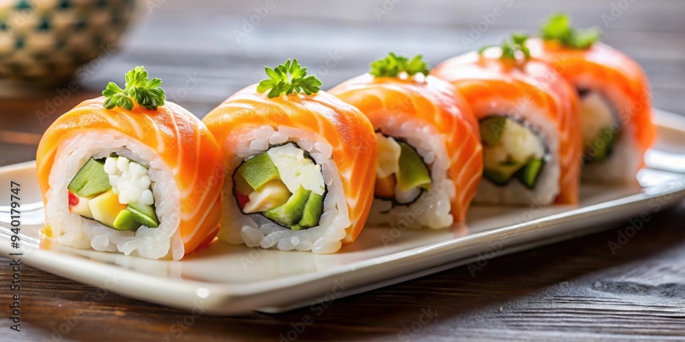 Plate of salmon sushi roll garnished and ready to eat , salmon, sushi, roll, food, Japanese, cuisine, seafood, culinary Plate of salmon sushi roll garnished and ready to eat , salmon, sushi, roll, food, Japanese, cuisine, seafood, culinary