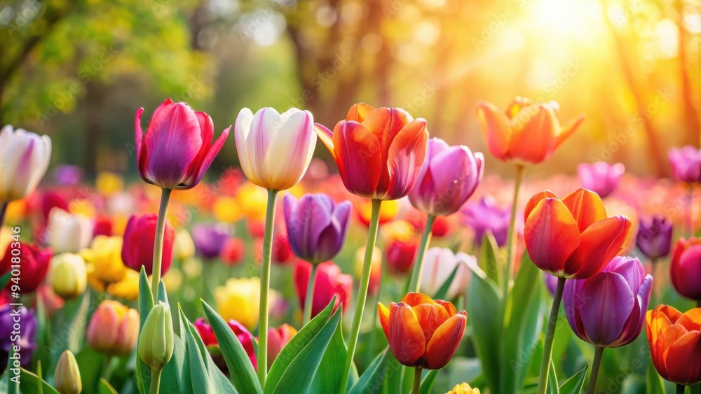 Tulips blooming in a vibrant garden under the sun on a spring day, perfect for a florist's Valentine's Day background Tulips blooming in a vibrant garden under the sun on a spring day, perfect for a florist's Valentine's Day background