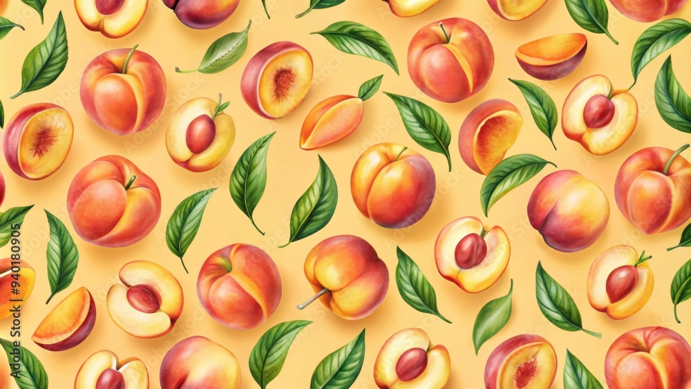 Seamless pattern of realistic peach s, peach, fruit, pattern, seamless, design, texture, background,, fresh, juicy, vibrant Seamless pattern of realistic peach s, peach, fruit, pattern, seamless, design, texture, background,, fresh, juicy, vibrant