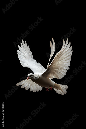 Two white doves flying on black background photo