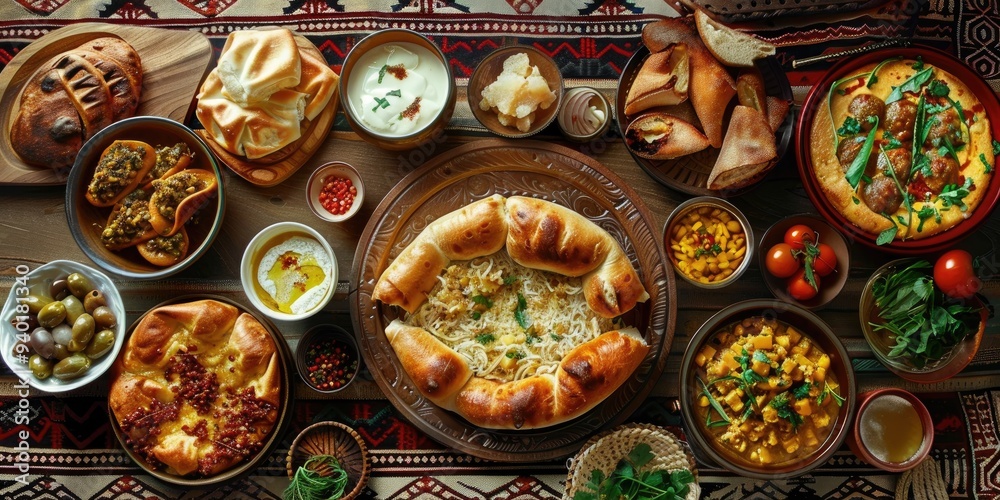 Festive Selection of Traditional Dishes Featuring Cheese Bread, Meat Pastry, and Flatbread on an Elegant Table Setting Festive Selection of Traditional Dishes Featuring Cheese Bread, Meat Pastry, and Flatbread on an Elegant Table Setting