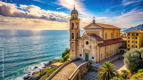 Historic church on the coast of Varazze, Italy with stunning architecture and panoramic views, Liguria