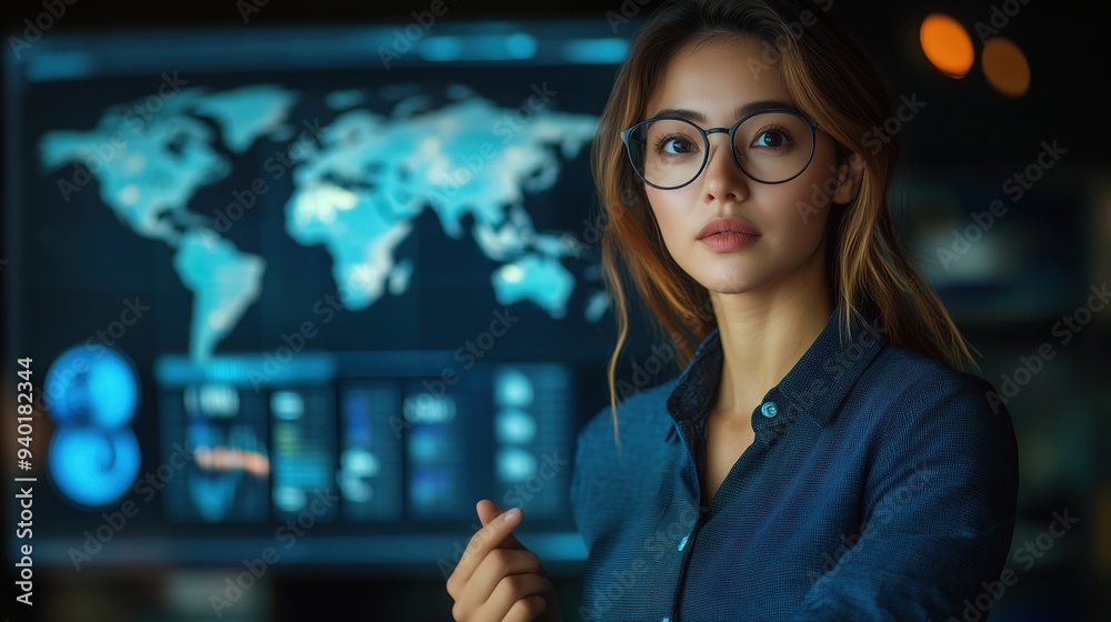 Obraz premium Businesswoman Analyzing Global Market Data. Young businesswoman examines a global data map, focusing on international market trends and strategic planning, representing business intelligence.