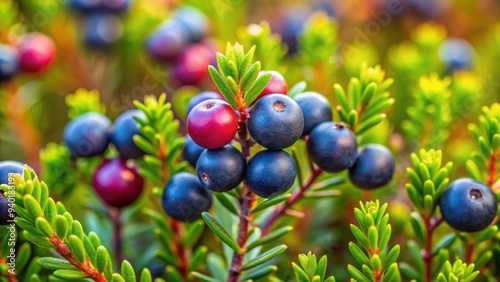 Ripe crowberry fruit among green foliage in Siberian forest tundra, crowberry, fruit, ripe, forest, tundra, Siberia, green, foliage