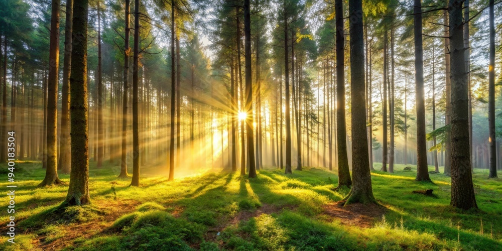 Obraz premium Sunlight filtering through trees in a tranquil forest setting at dawn, forest, morning, sunrise, trees, nature, peaceful, tranquil