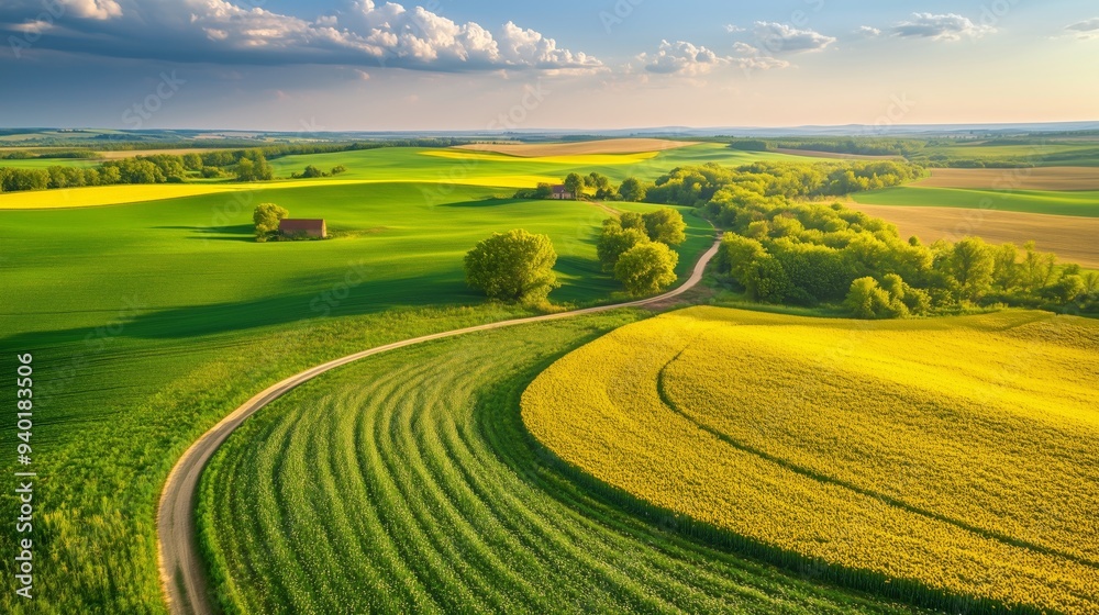 Fototapeta premium A vibrant patchwork of fields and sunflowers surrounds a charming farmhouse under a blue sky.