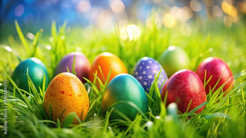 Vibrant Easter eggs hidden in green grass for a festive celebration , holiday, eggs, spring, grass, decoration, colorful Vibrant Easter eggs hidden in green grass for a festive celebration , holiday, eggs, spring, grass, decoration, colorful