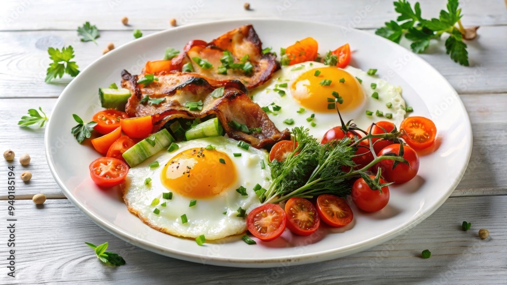 Fried eggs with crispy bacon, saut?ed vegetables, and fresh herbs on a white plate, breakfast, brunch, morning meal Fried eggs with crispy bacon, saut?ed vegetables, and fresh herbs on a white plate, breakfast, brunch, morning meal