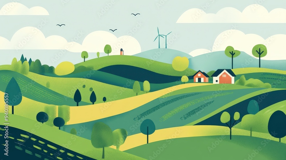 Obraz premium Eco-Friendly Sustainable Farming Practices Flat Design Illustration | Green Agriculture Technology and Organic Crops Concept