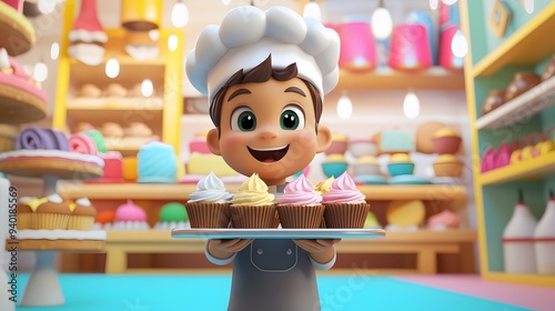Cute Cartoon Chef Holding Tray of Cupcakes.