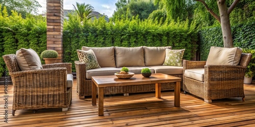 Cozy patio setting with wicker sofa, wooden table, and chairs , cozy, patio, sofa, wicker, cushions, table, wood