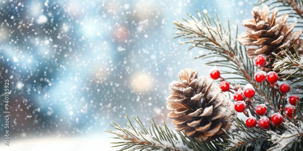 Snow-Covered Pinecones and Red Berries. Close-up of snow-dusted pinecones and bright red berries on pine branches, creating a classic Christmas winter scene. Snow-Covered Pinecones and Red Berries. Close-up of snow-dusted pinecones and bright red berries on pine branches, creating a classic Christmas winter scene.