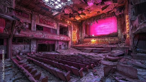 Wallpaper Mural An abandoned theater showcasing a stunning decay with vibrant pink light, evoking nostalgia and desolation. Torontodigital.ca