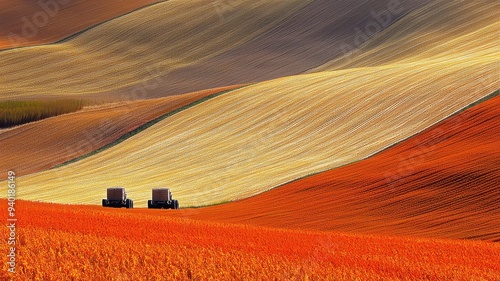 Vibrant landscape with tractors on rolling hills, showcasing stunning colors of nature during harvest season. photo