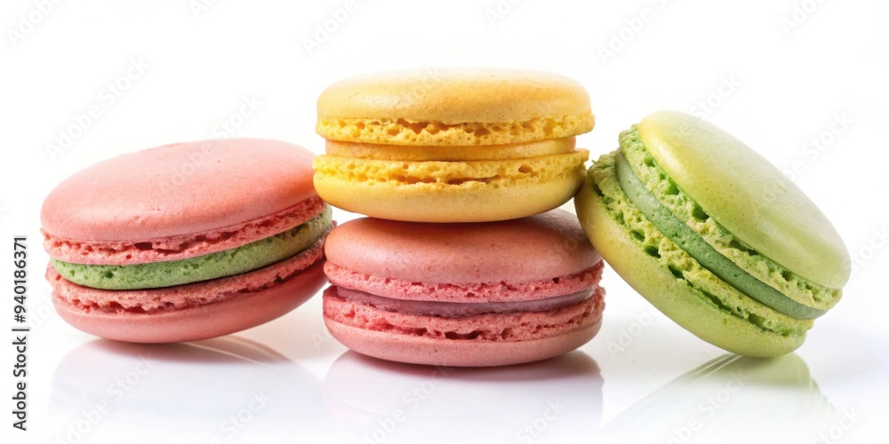 Colorful and delicate macaron cookie on a white background, macaron, cookie, dessert, sweet, colorful, French, treat Colorful and delicate macaron cookie on a white background, macaron, cookie, dessert, sweet, colorful, French, treat