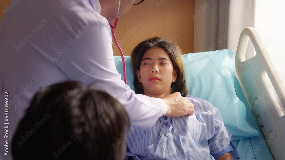 Specialized hospital medical center and health care insurance concept. Professional Asian male doctor examine, consult illness symptoms assessment and treatment to patient in hospital recovery room. Specialized hospital medical center and health care insurance concept. Professional Asian male doctor examine, consult illness symptoms assessment and treatment to patient in hospital recovery room.