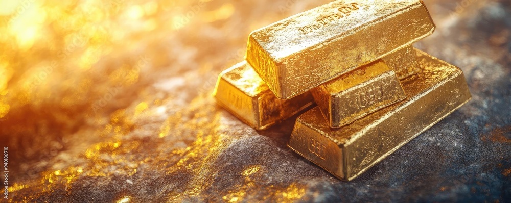 Shiny gold bars stacked on a textured surface, symbolizing wealth and luxury in an elegant setting. Shiny gold bars stacked on a textured surface, symbolizing wealth and luxury in an elegant setting.