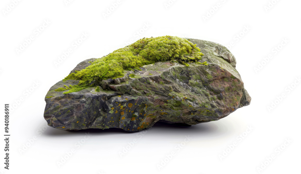 A moss-covered rock stands alone against a white backdrop, in full focus. A moss-covered rock stands alone against a white backdrop, in full focus.