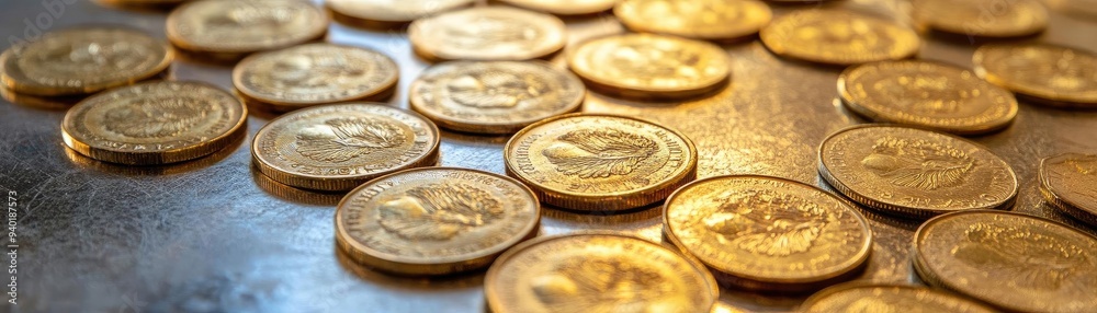 Close-up view of scattered gold coins on a surface, showcasing their shiny texture and intricate designs. Close-up view of scattered gold coins on a surface, showcasing their shiny texture and intricate designs.