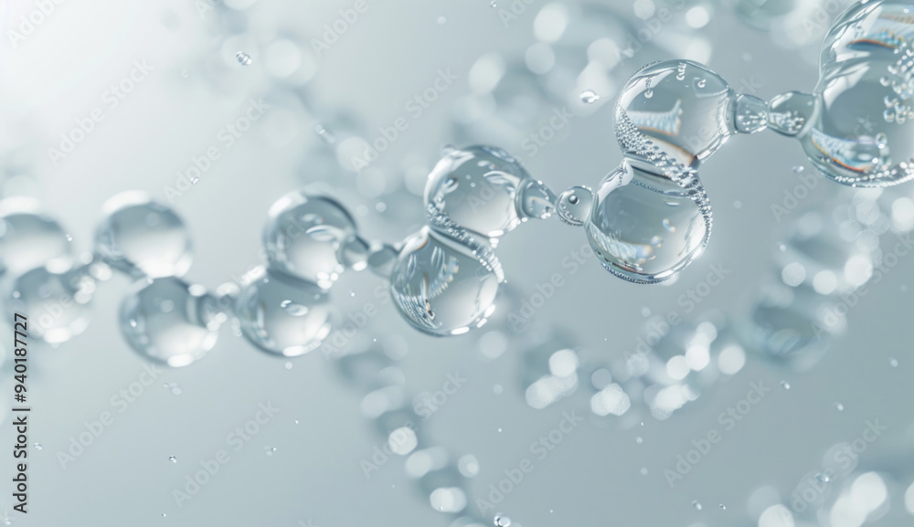 Transparent DNA and water molecules on a light grey backdrop in a close-up view, with sunny lighting and shadows.