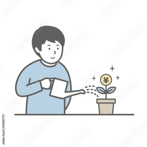 水やりをしてお金を育てる男性