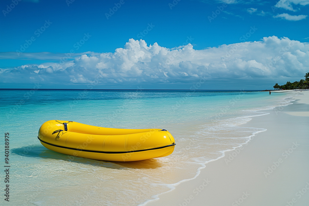 Vibrant Yellow Banana Boat Adventures on a Lively Resort Beach Vibrant Yellow Banana Boat Adventures on a Lively Resort Beach